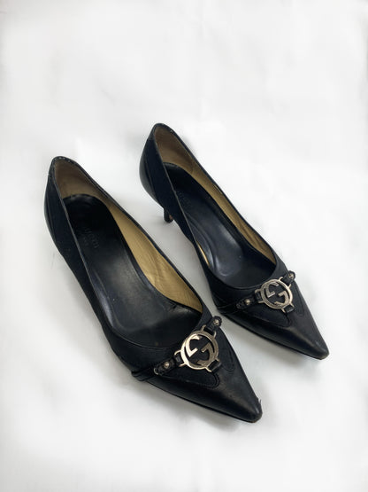 Gucci Black GG Silver Buckle Pointed Kitten Heels