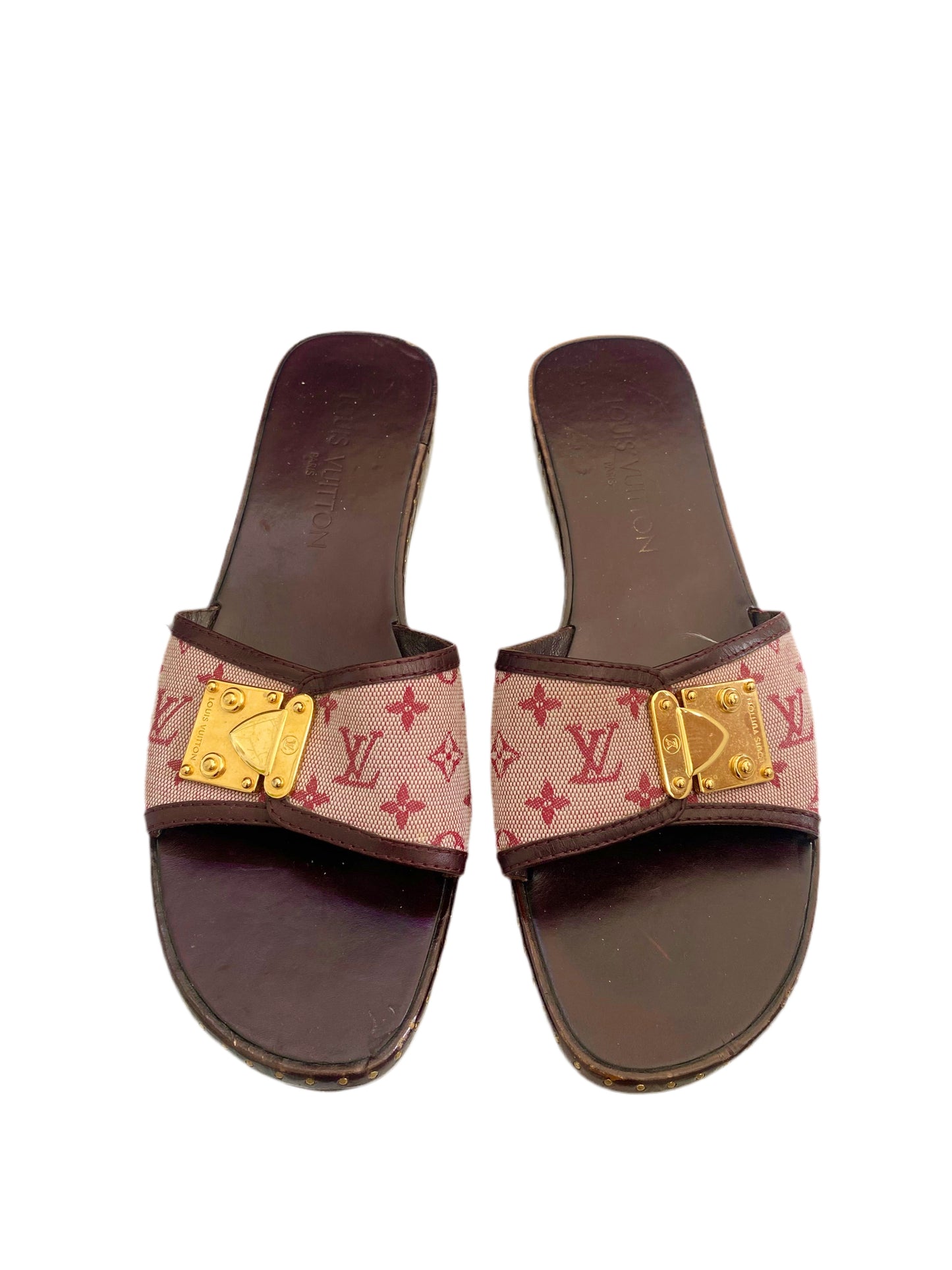 Louis Vuitton 90’s Pink Monogram Denim Wooden Clog Mules