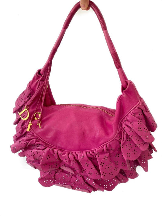 Christian Dior Hot Pink / Fuchsia Gypsy Ruffle Hobo Shoulder Bag
