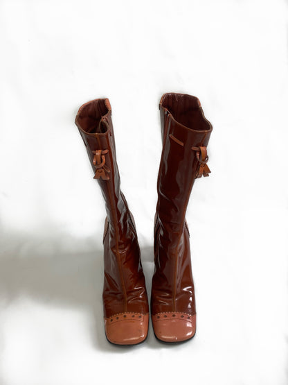 Prada Brown & Pink Patent Leather Mid Calf Boots