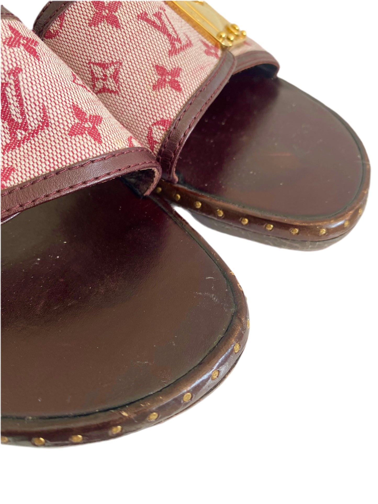 Louis Vuitton 90’s Pink Monogram Denim Wooden Clog Mules
