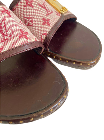 Louis Vuitton 90’s Pink Monogram Denim Wooden Clog Mules