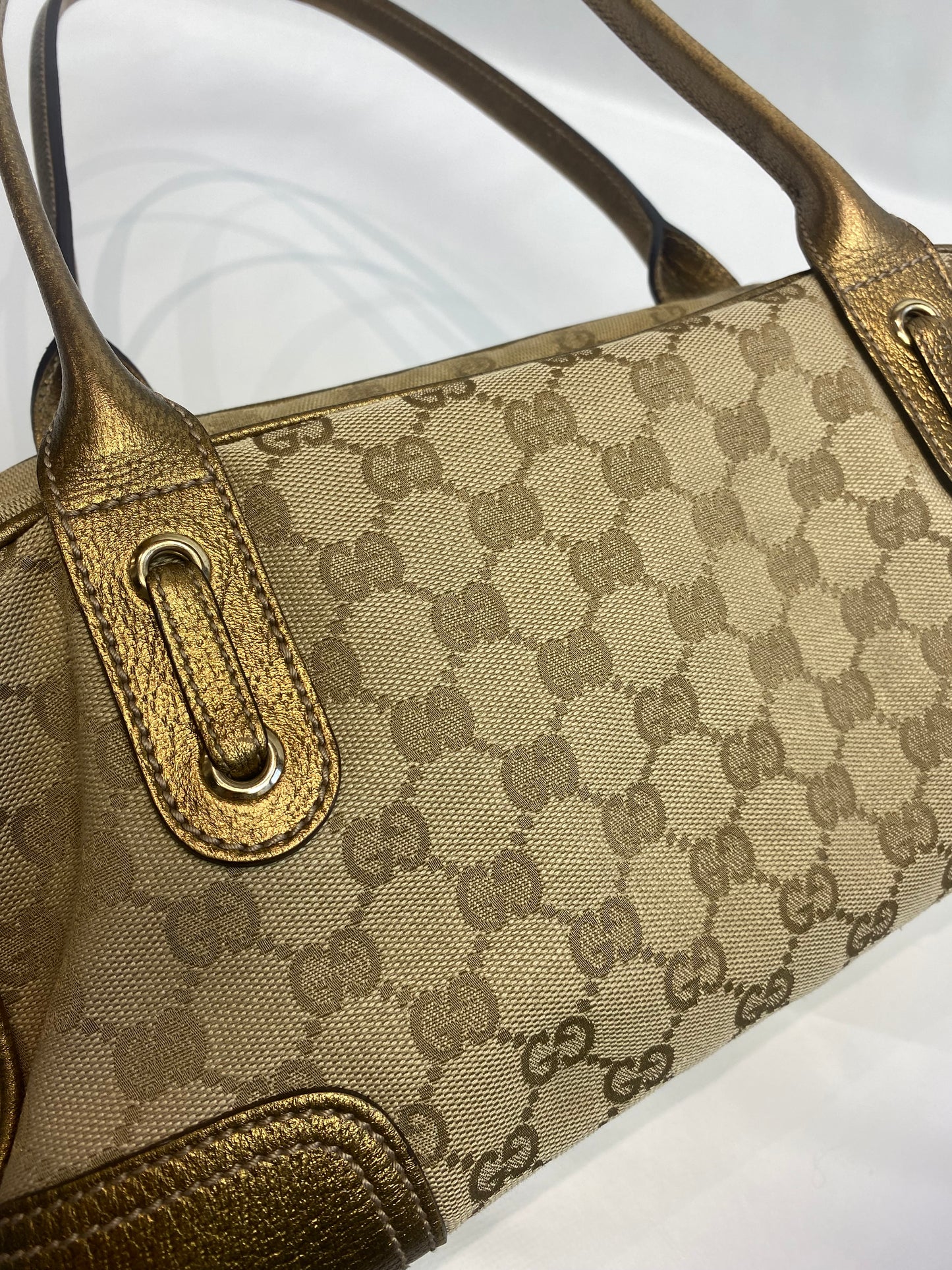 Gucci Gold Metallic Monogram Bow Princy Boston Bag
