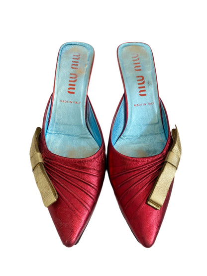 Miu Miu SS2000 Red Metallic Bow Leather Mules
