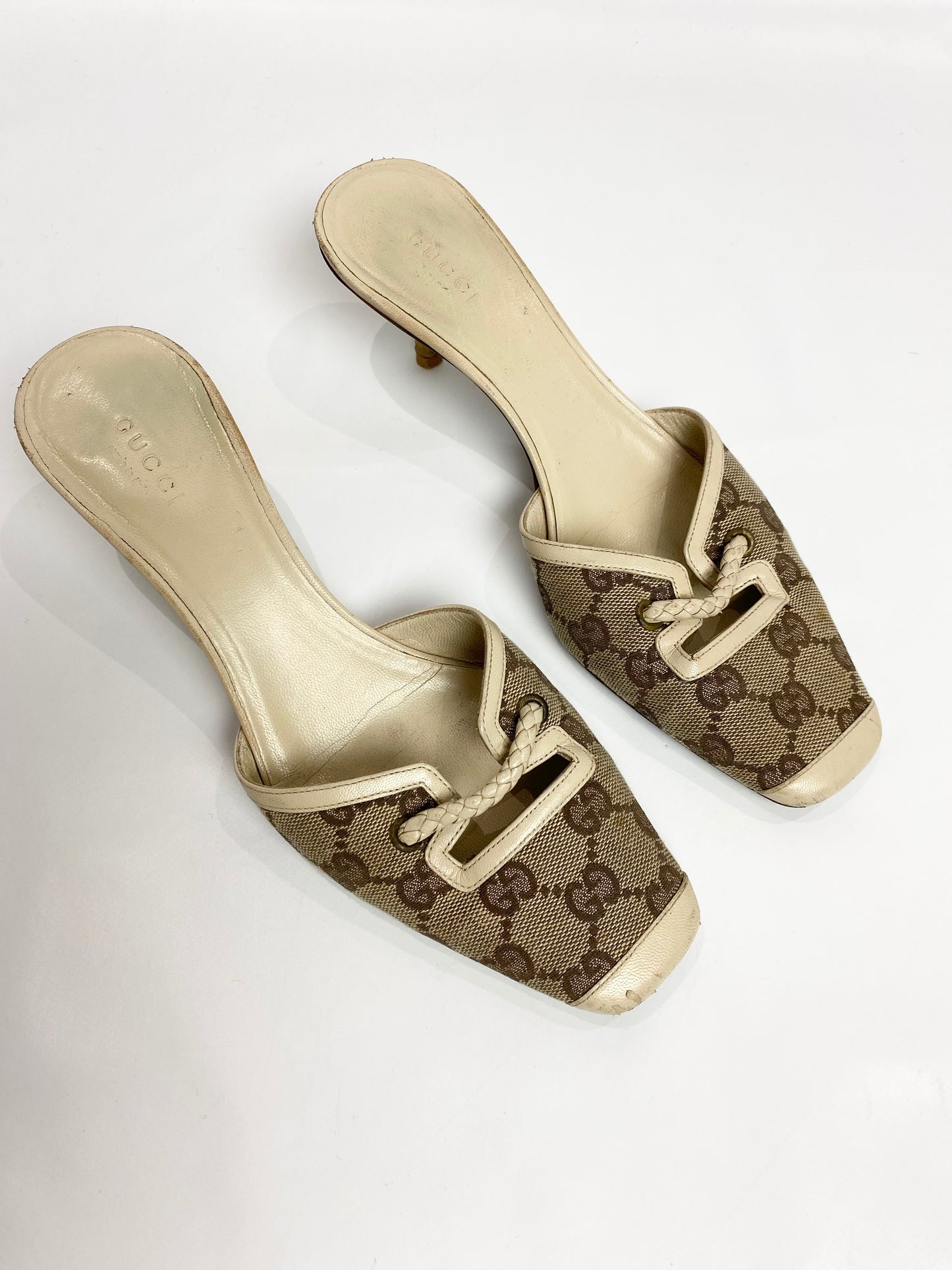 Gucci Monogram Cream Mule Heels