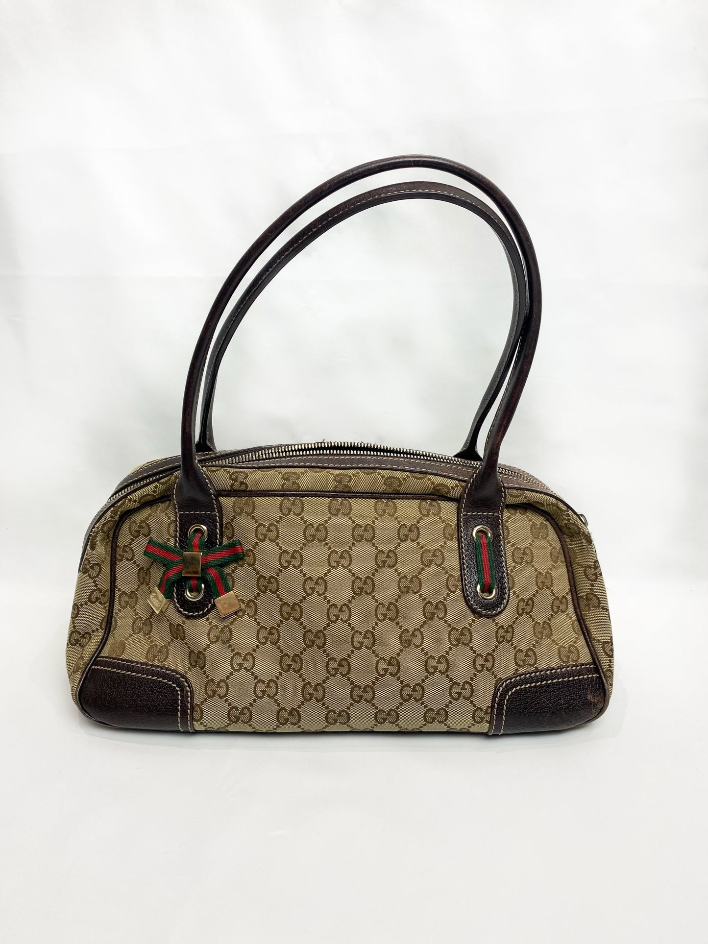 Gucci Brown Monogram Bow Sherry Line Princy Boston Bag