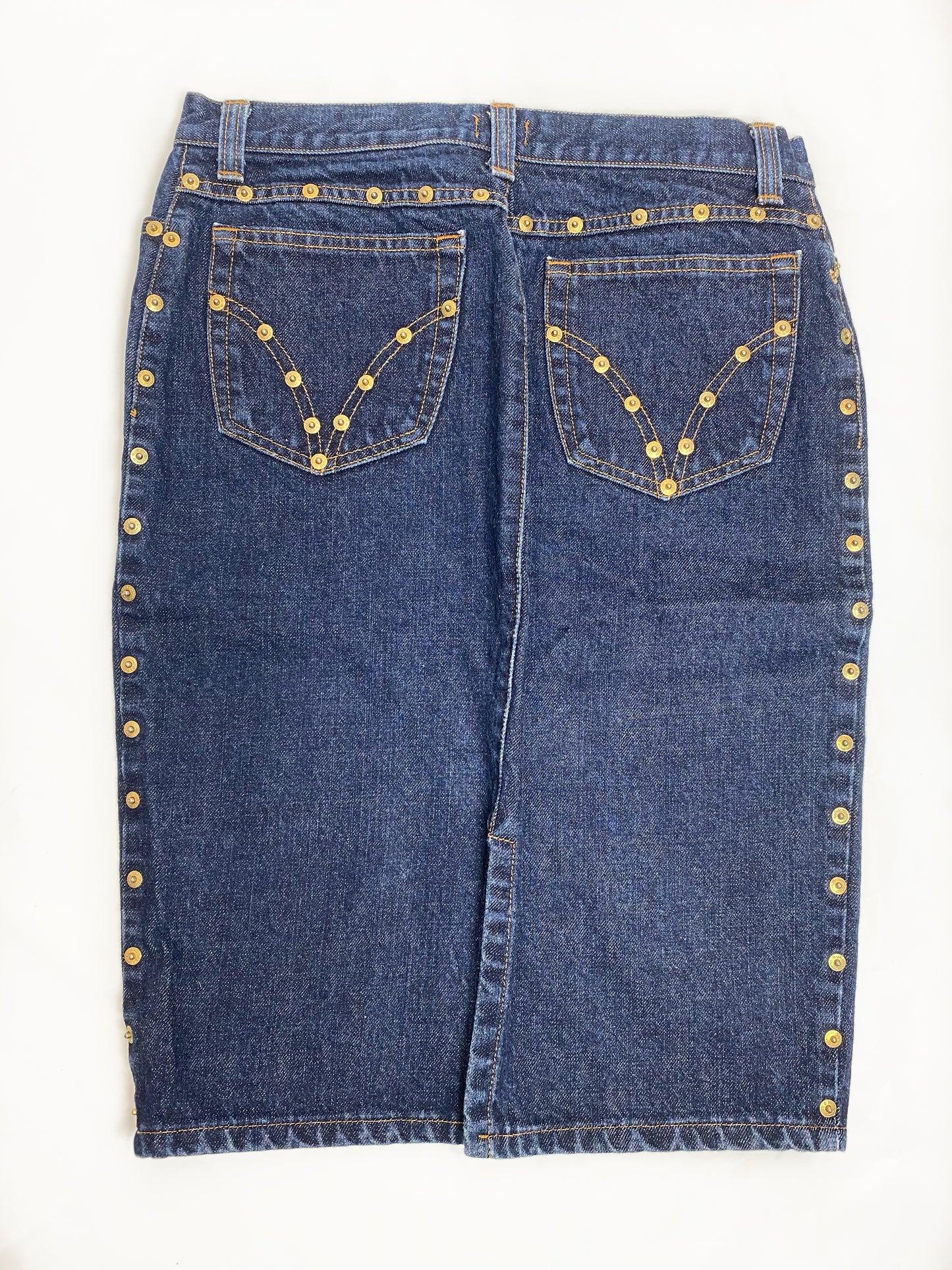 Dolce & Gabbana Blue Denim Gold Stud Midi Skirt