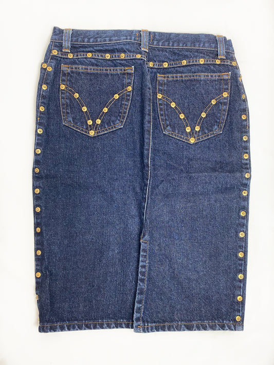 Dolce & Gabbana Blue Denim Gold Stud Midi Skirt