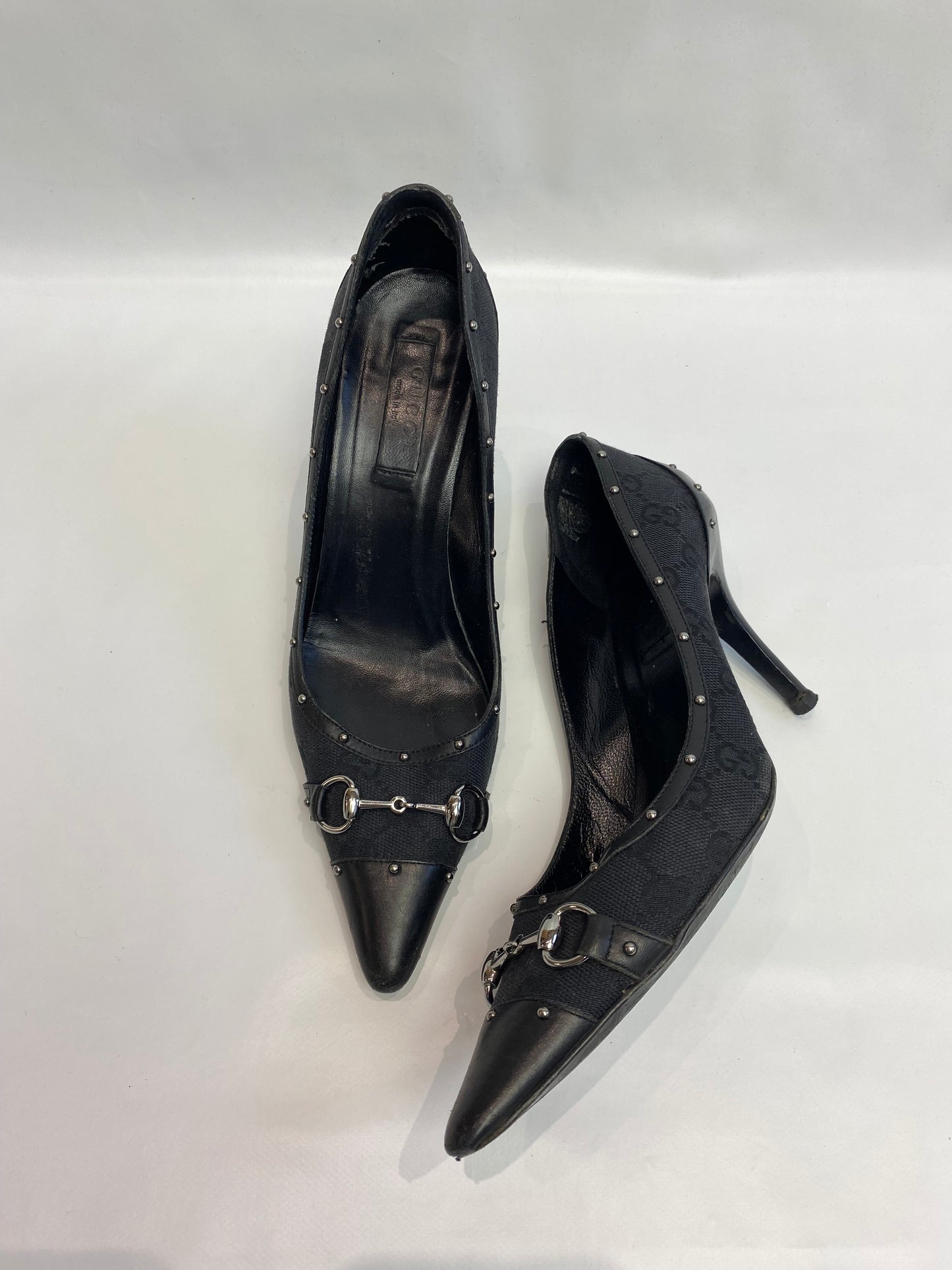 Gucci Black GG Studded Horsebit Pointed Heels