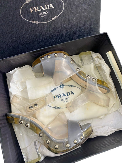 Prada Transparent PVC Grey Studded Ankle Strap Sandals