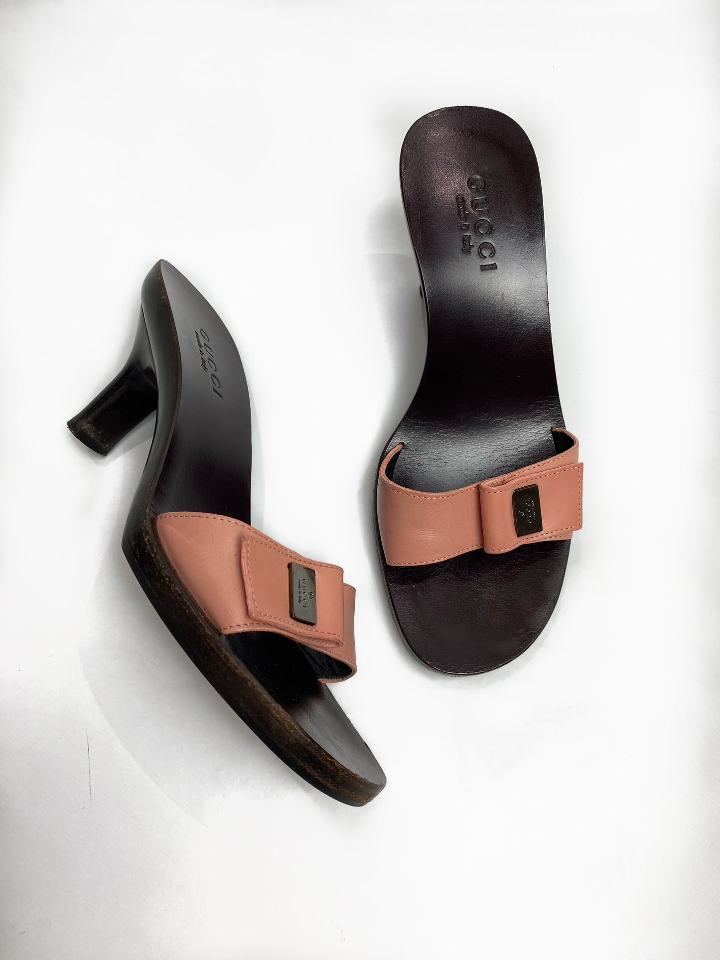 Gucci Brown Wooden Pink Strap Mule Heels