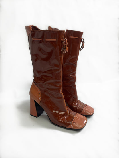 Prada Brown & Pink Patent Leather Mid Calf Boots