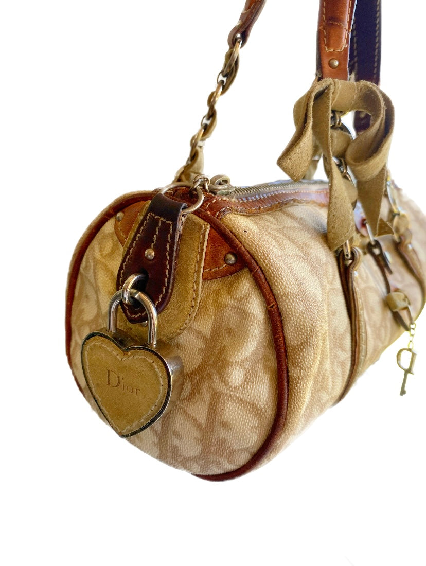 Dior 2006 Galliano Monogram Romantique Heart Padlock Mini Beige Barrel Bag