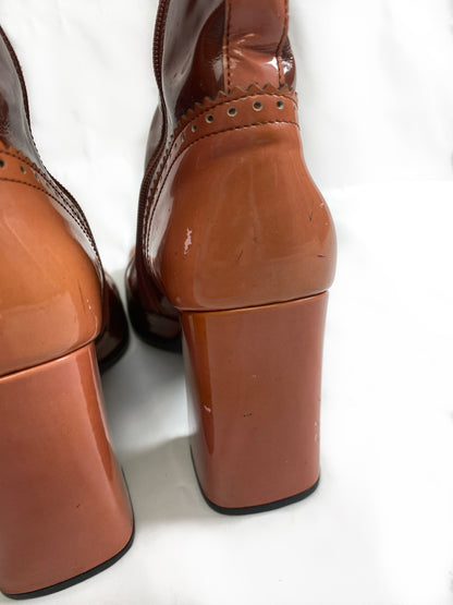 Prada Brown & Pink Patent Leather Mid Calf Boots