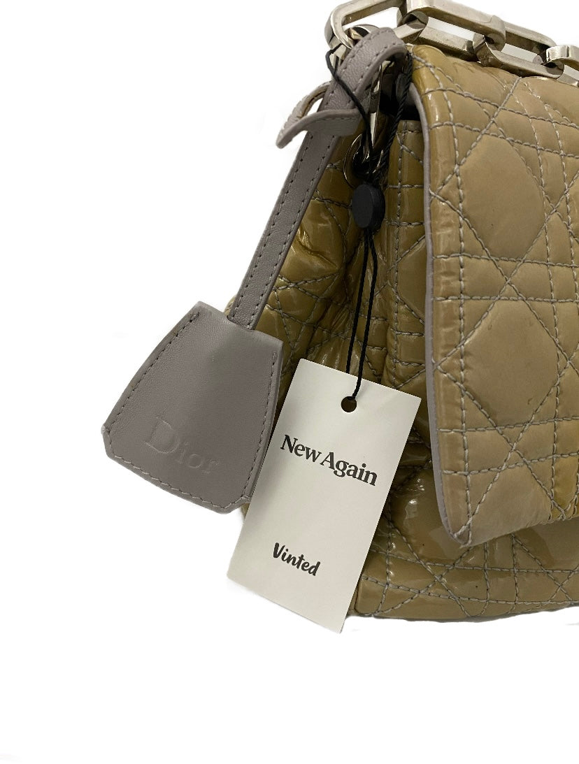 Dior Cannage Beige Patent Leather Lock Flap Shoulder Bag