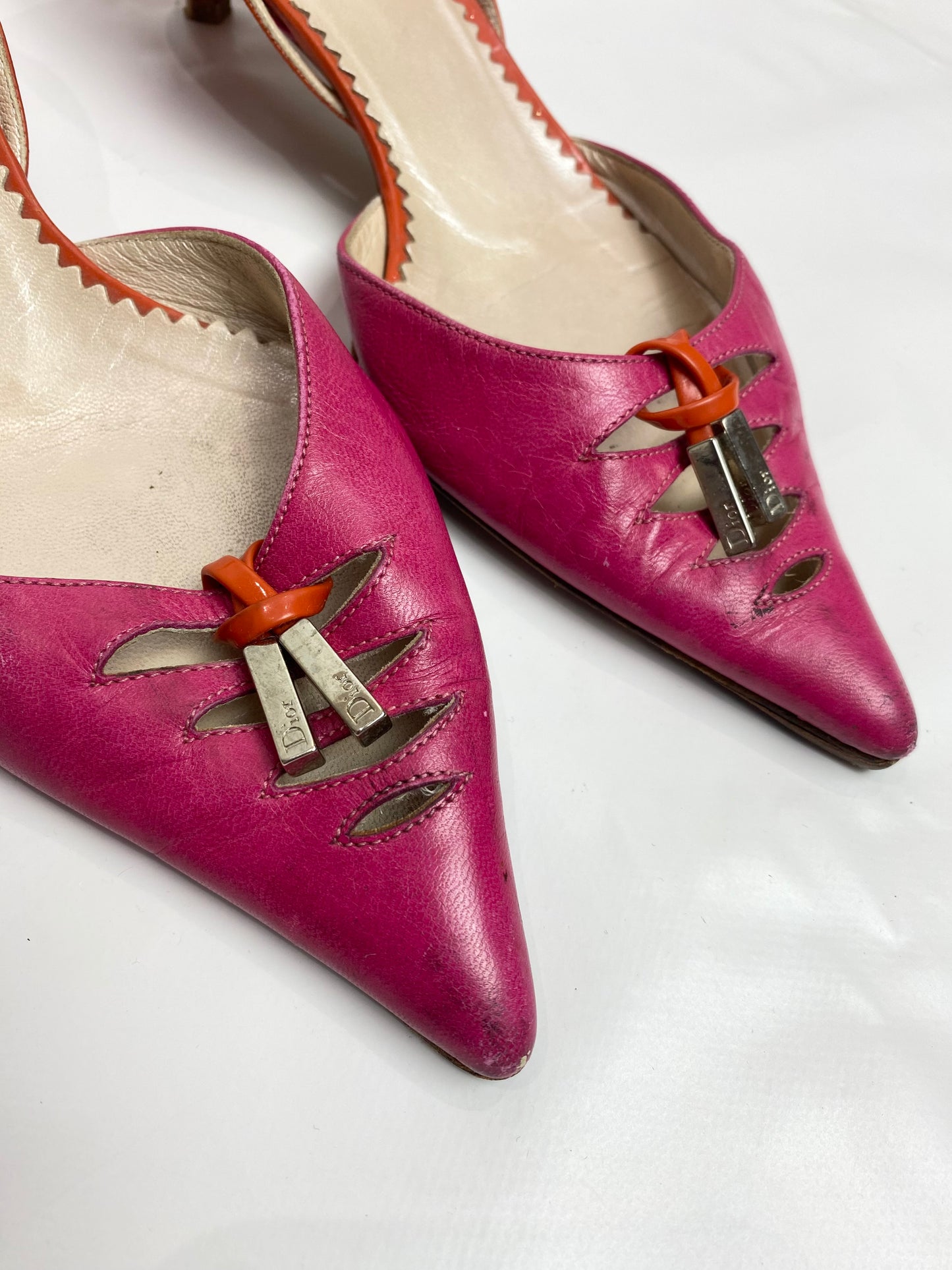 Christian Dior Vintage Fuschia Pink / Orange Kitten Heels