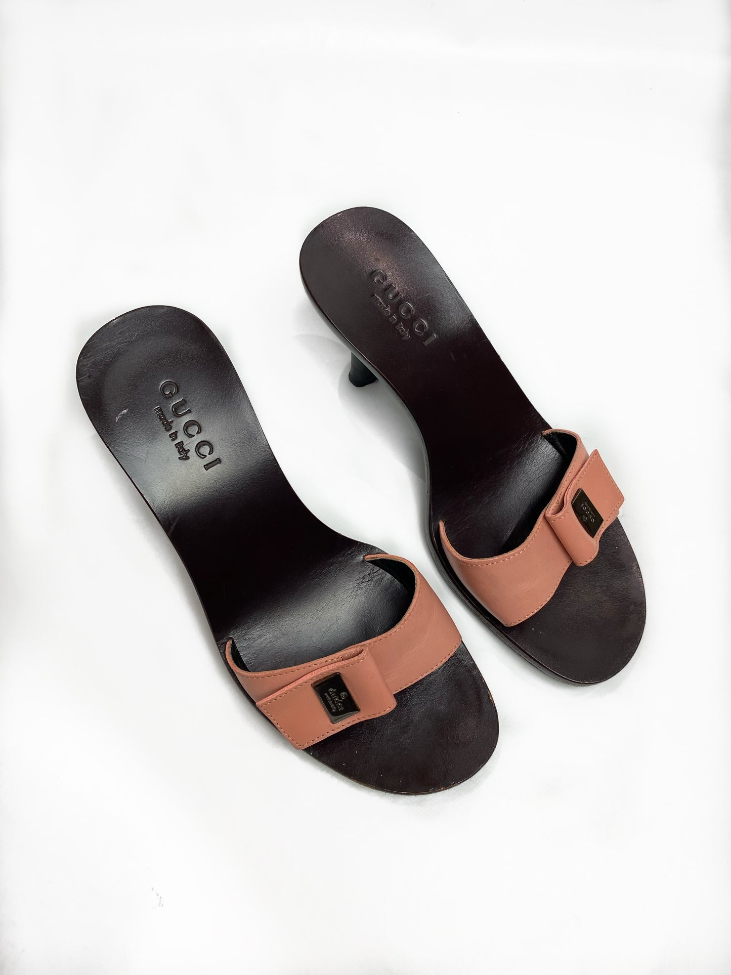 Gucci Brown Wooden Pink Strap Mule Heels