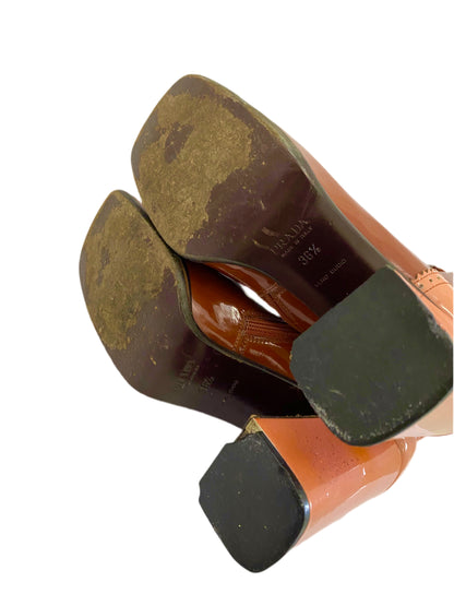 Prada Brown & Pink Patent Leather Mid Calf Boots