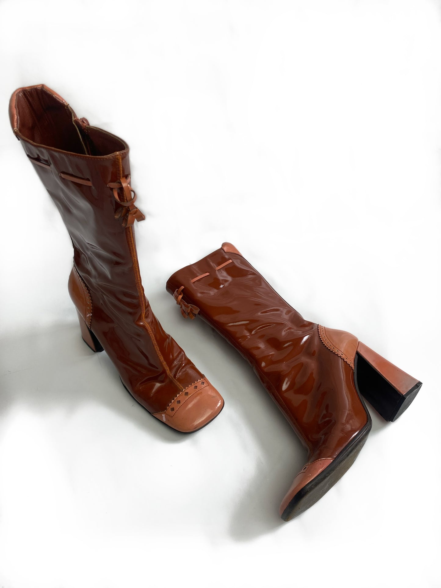 Prada Brown & Pink Patent Leather Mid Calf Boots