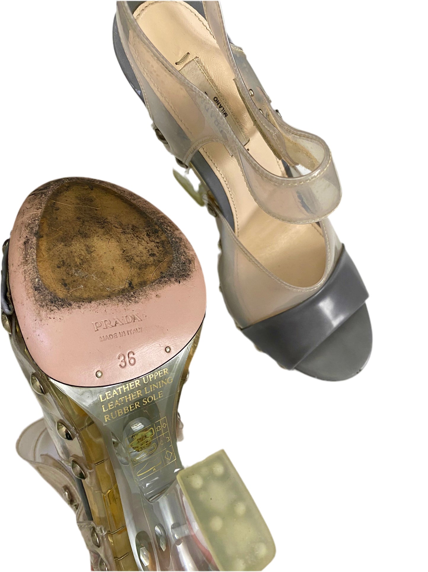 Prada Transparent PVC Grey Studded Ankle Strap Sandals