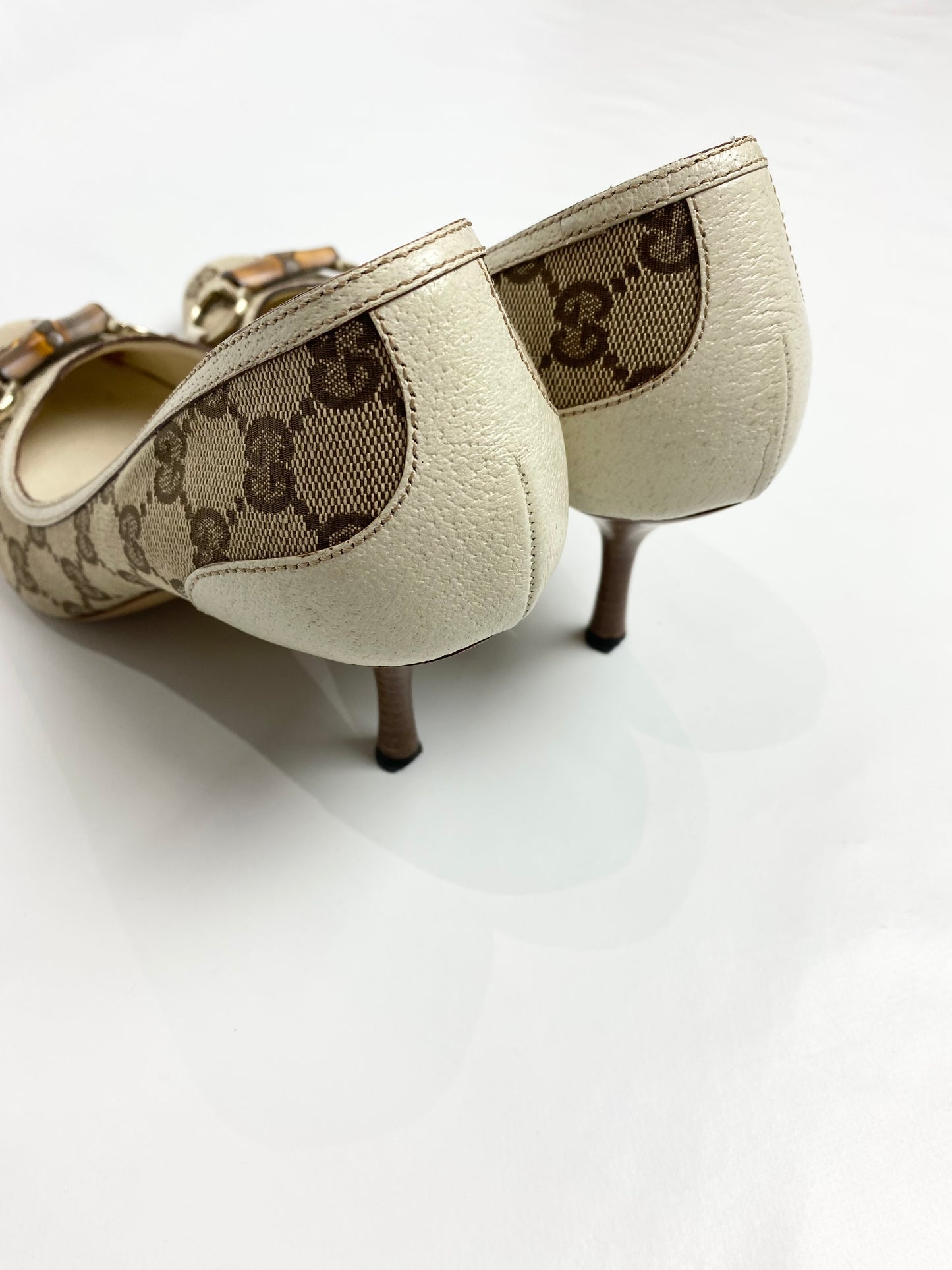 Gucci Monogram Bamboo Horsebit Cream Heels