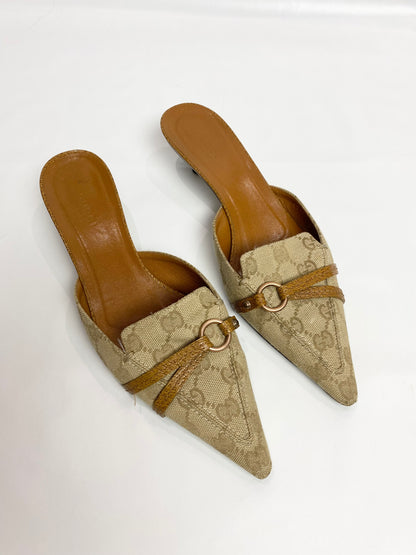 Gucci Tan Brown Monogram Pointed Mule Heels