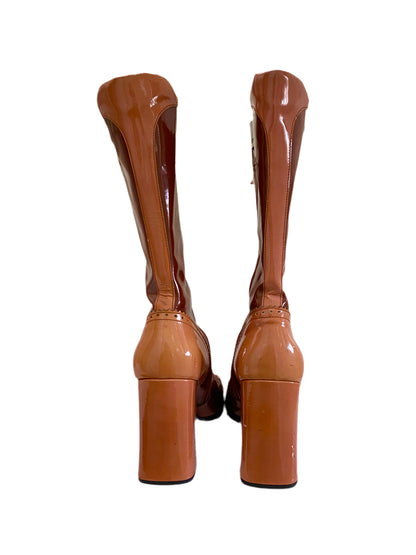 Prada Brown & Pink Patent Leather Mid Calf Boots