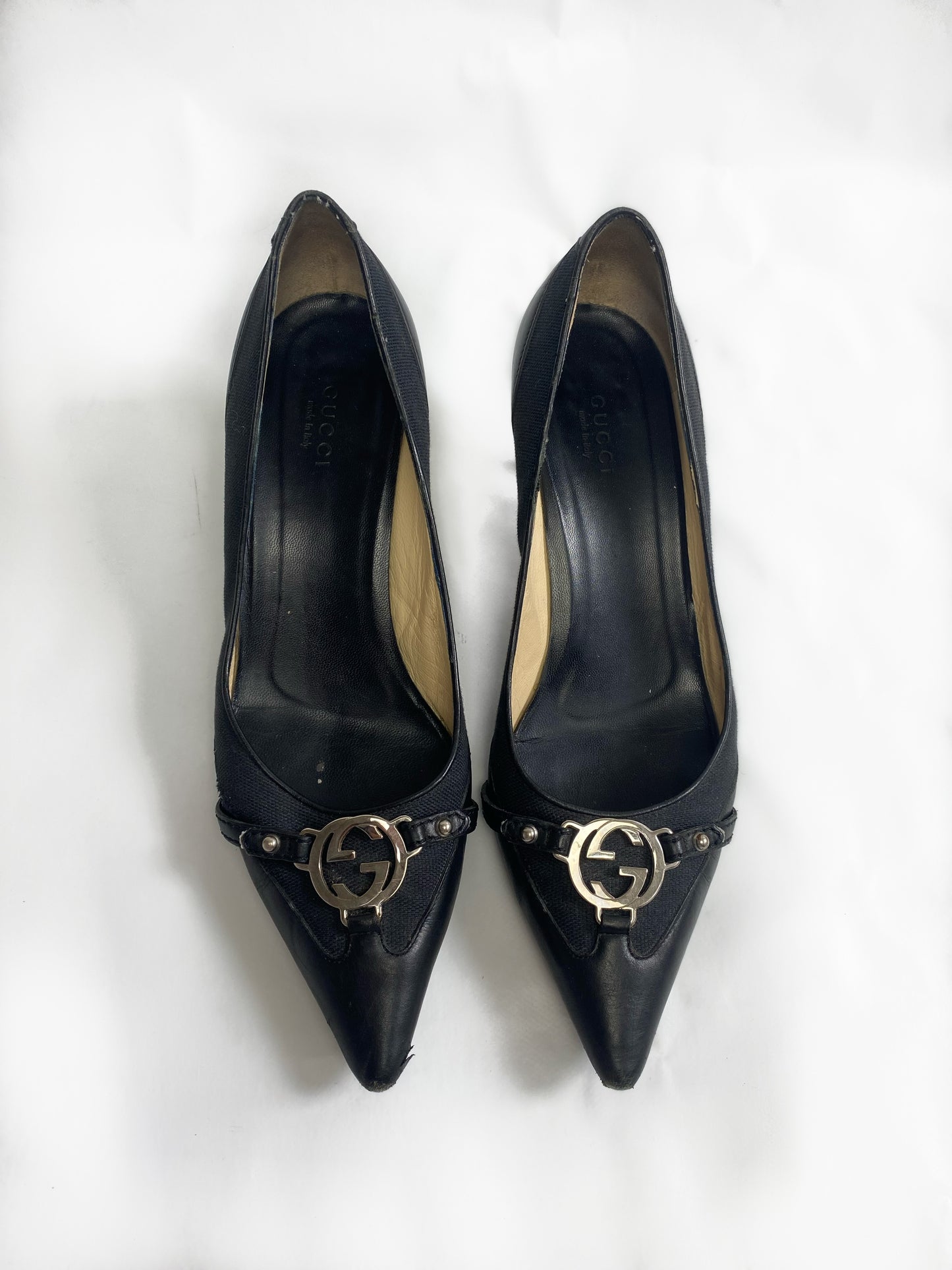 Gucci Black GG Silver Buckle Pointed Kitten Heels