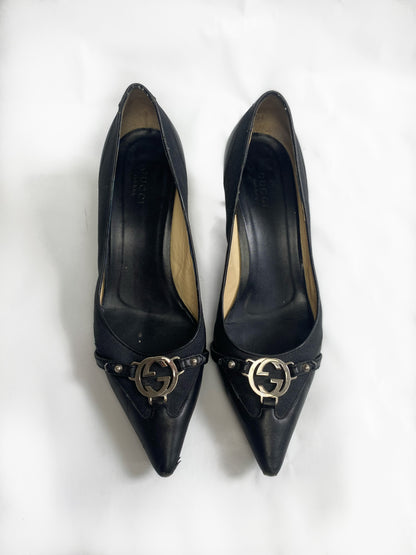 Gucci Black GG Silver Buckle Pointed Kitten Heels