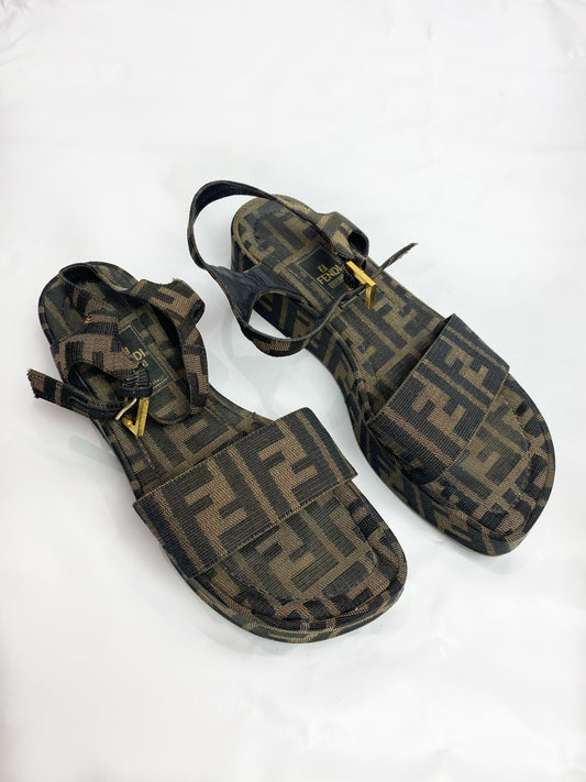 Fendi Classic Brown Zucca FF Logo Flatform Sandals