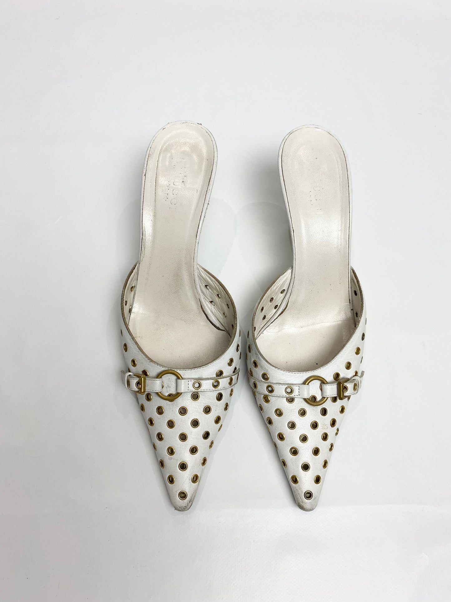 Gucci White Leather Eyelet Pointed Mule Heels