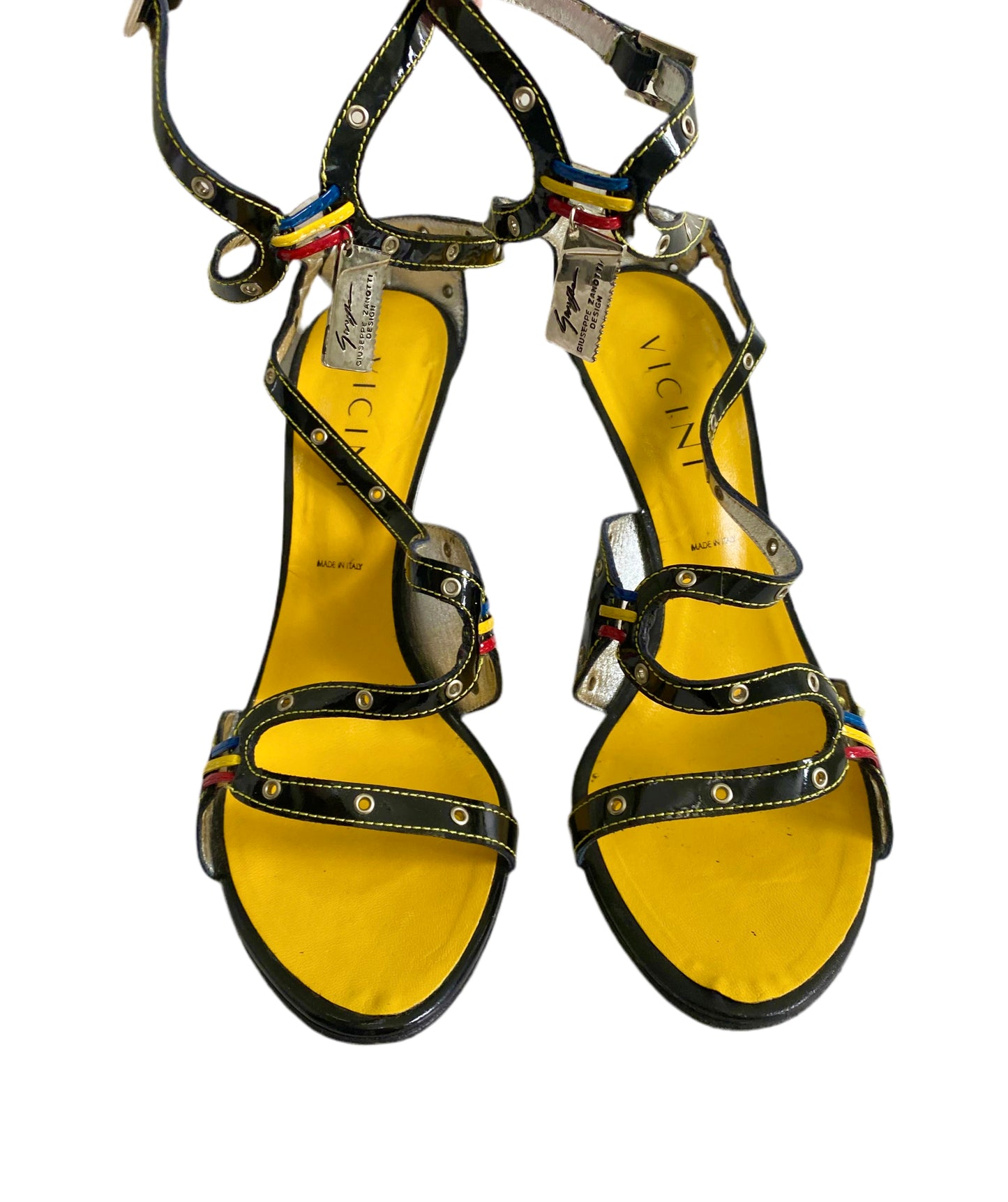 Giuseppe Zanotti Vicini Vintage Black & Yellow Strap Sandal Heels