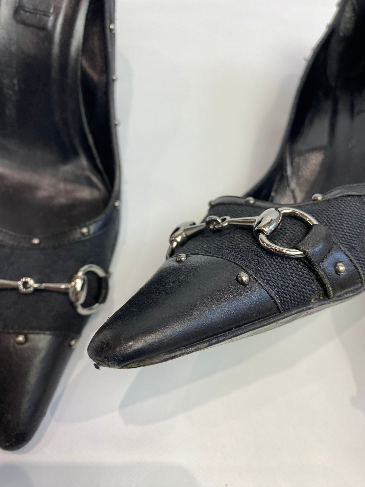 Gucci Black GG Studded Horsebit Pointed Heels