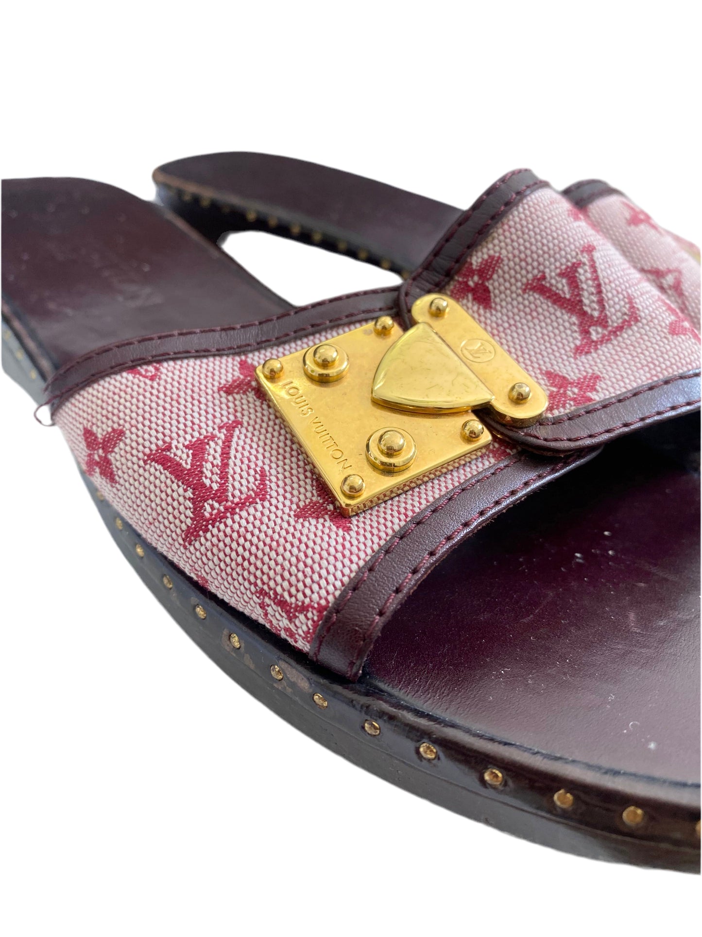 Louis Vuitton 90’s Pink Monogram Denim Wooden Clog Mules