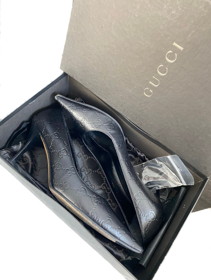 Gucci Black Leather GG Pointed Heels