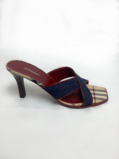 Burberry Blue Denim Criss Cross Nova Check Mule Heels