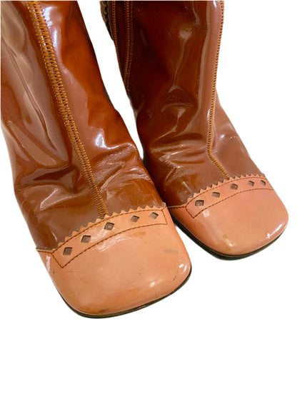 Prada Brown & Pink Patent Leather Mid Calf Boots