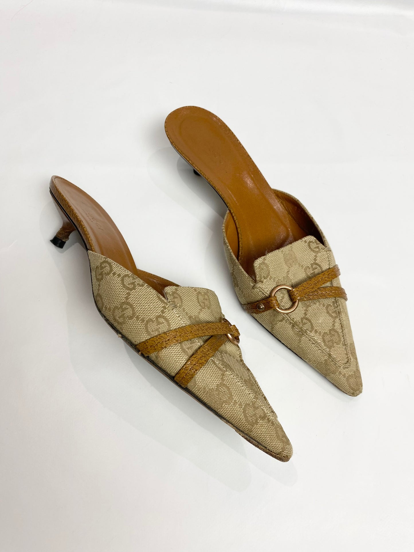 Gucci Tan Brown Monogram Pointed Mule Heels