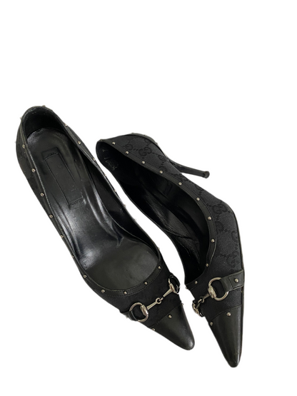Gucci Black GG Studded Horsebit Pointed Heels