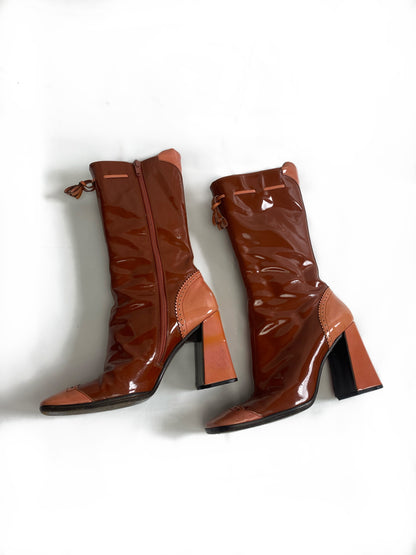 Prada Brown & Pink Patent Leather Mid Calf Boots