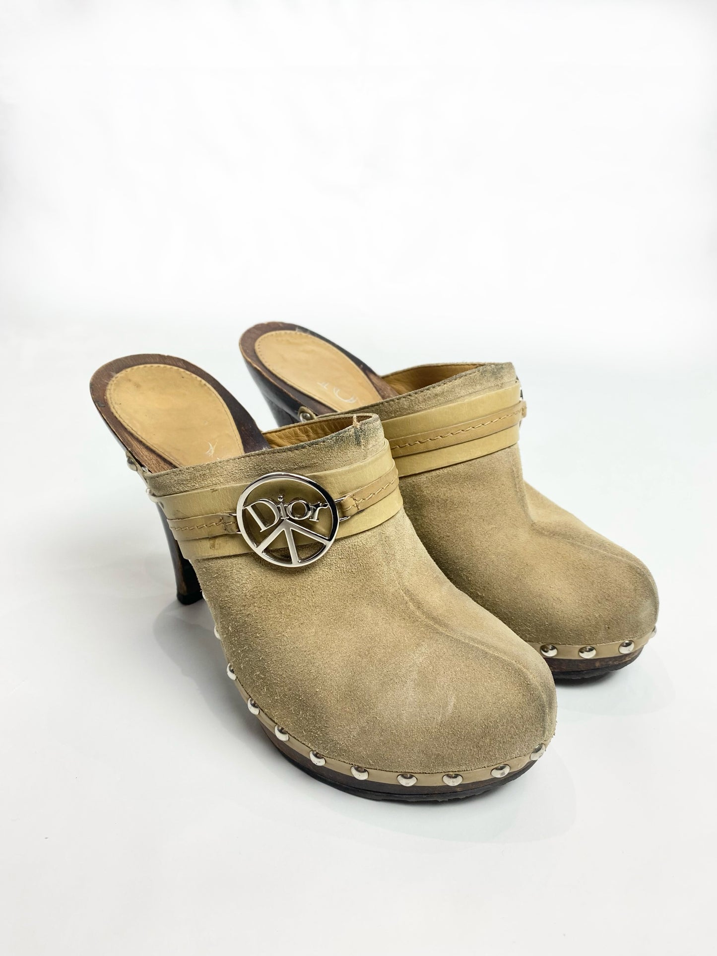 Dior Suede Studded Peace Wooden Clogs