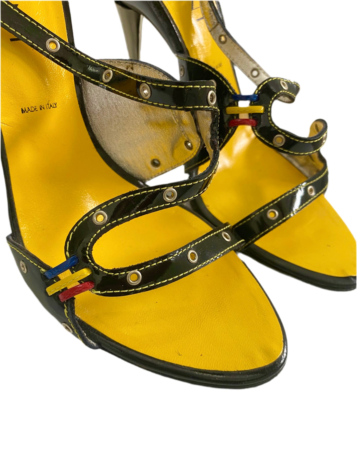 Giuseppe Zanotti Vicini Vintage Black & Yellow Strap Sandal Heels