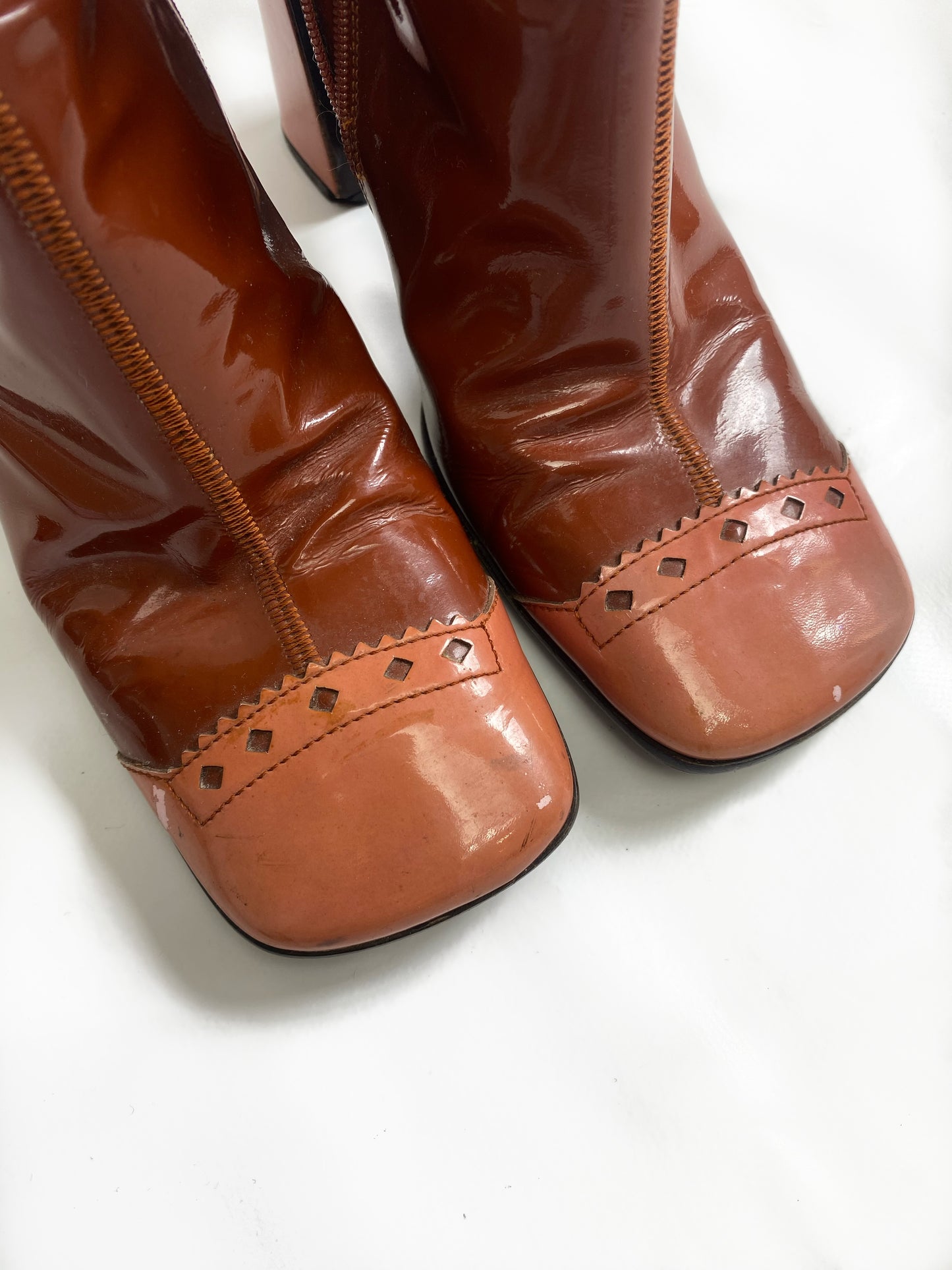 Prada Brown & Pink Patent Leather Mid Calf Boots