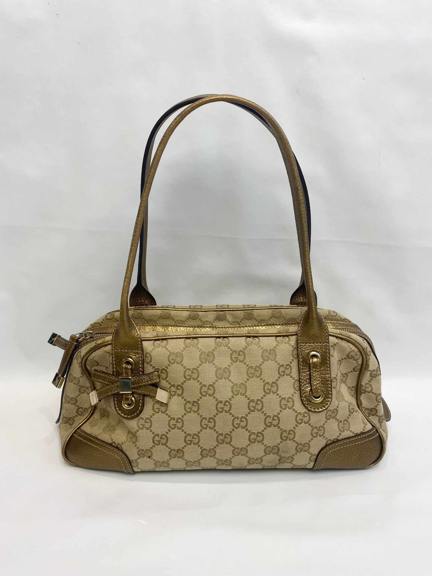 Gucci Gold Metallic Monogram Bow Princy Boston Bag