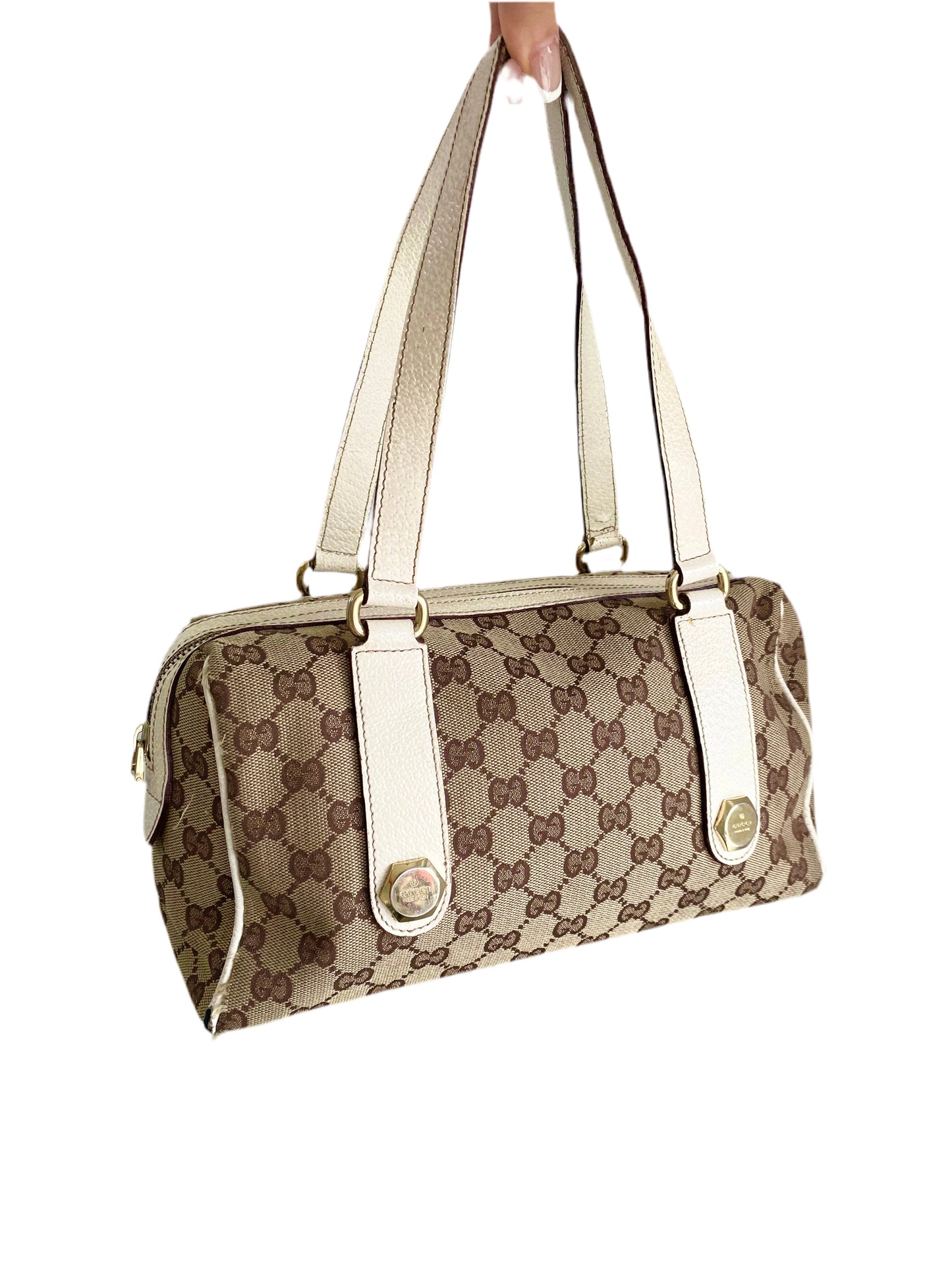 Gucci Vintage White/Beige GG Canvas Small Charmy Boston Bag