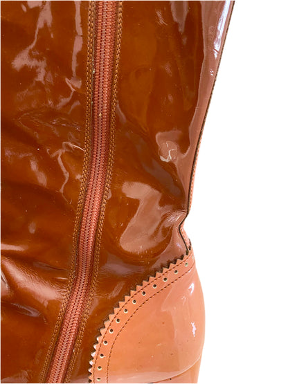 Prada Brown & Pink Patent Leather Mid Calf Boots