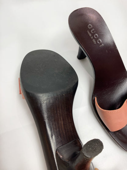 Gucci Brown Wooden Pink Strap Mule Heels