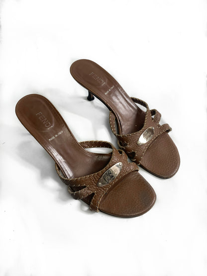 Fendi Brown Leather 'Selleria' Kitten Heels