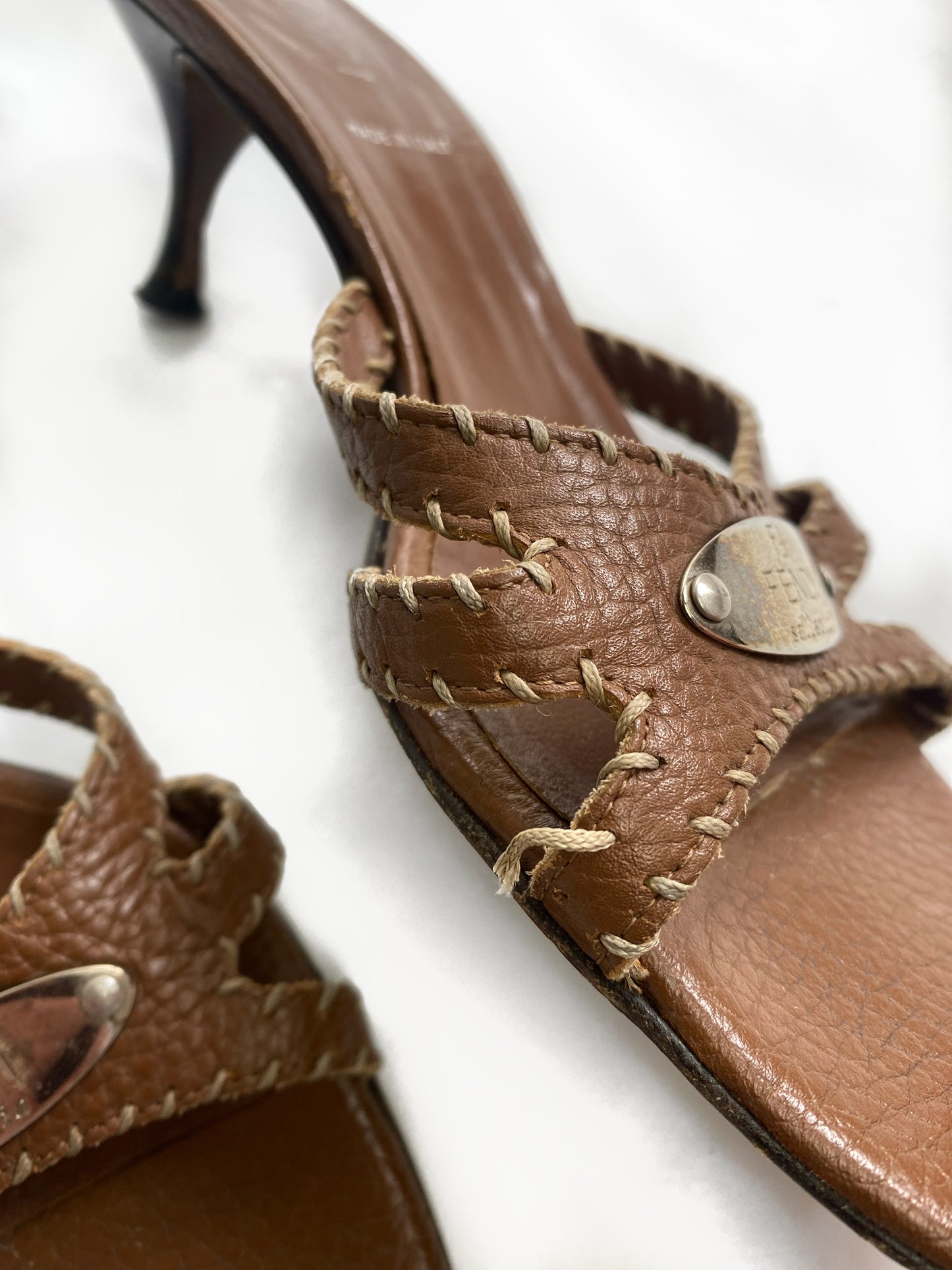 Fendi Brown Leather 'Selleria' Kitten Heels