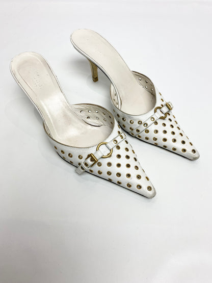 Gucci White Leather Eyelet Pointed Mule Heels